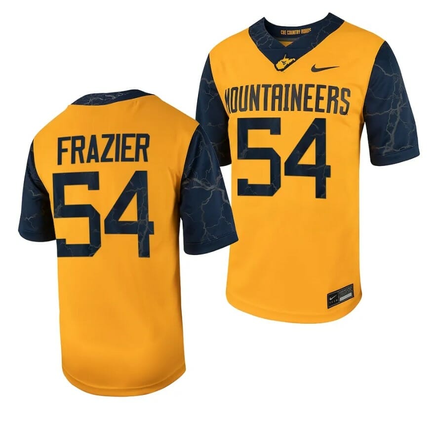 Available] Buy New Zach Frazier Jersey #54 West Virginia Football Gold